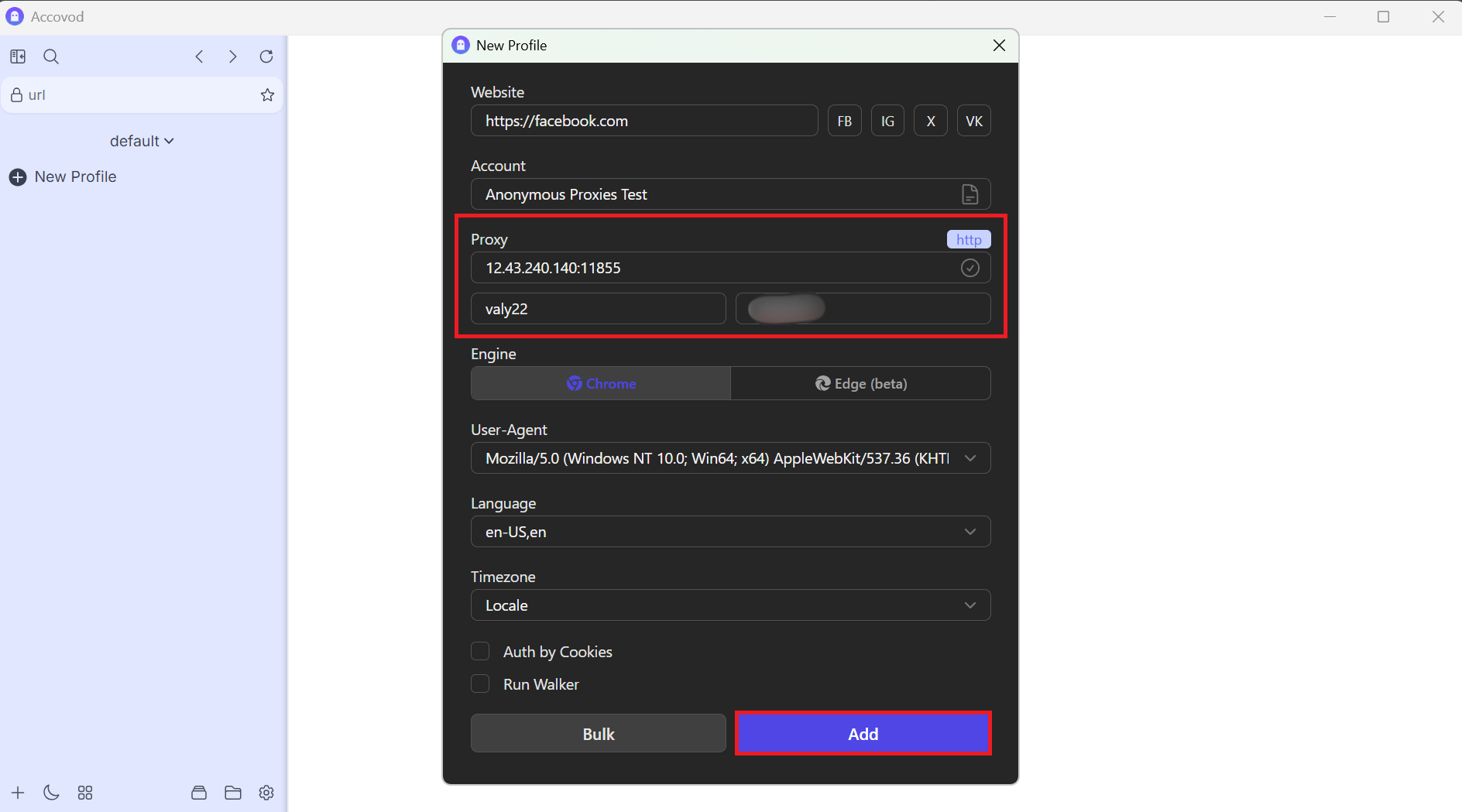 Accovod New Profile: Proxy Fields