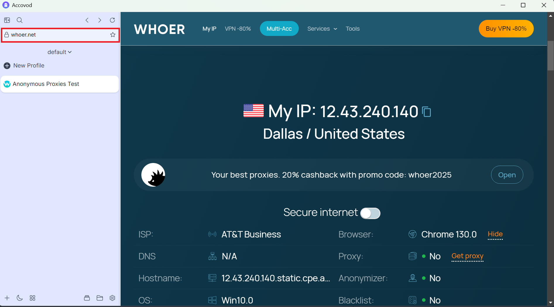 Accovod: Whoer IP Check Result