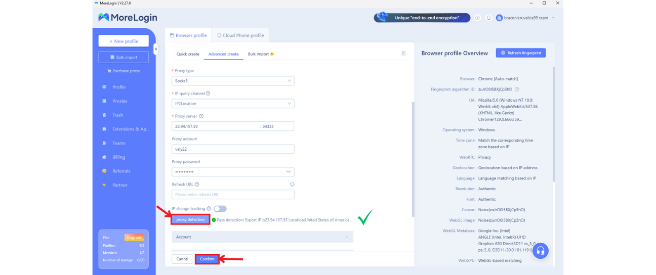 Proxy detection shows Pass before confirming.