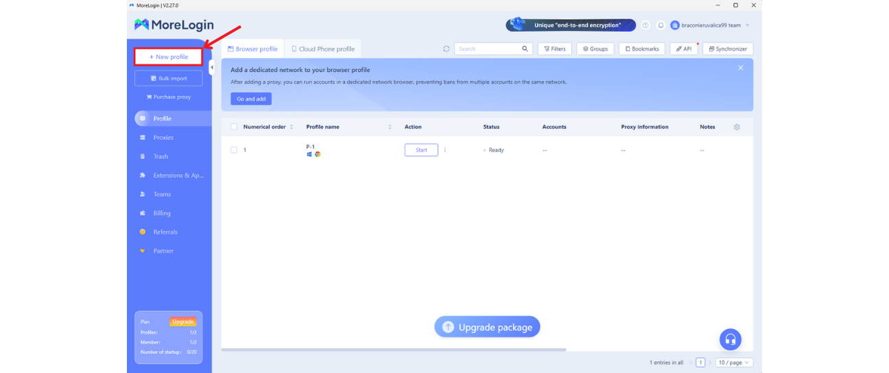 MoreLogin dashboard highlighting + New profile to create a dedicated browser profile.
