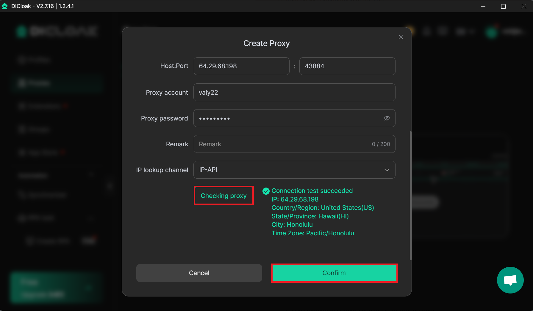 DICloak proxy test result showing a successful connection and IP location