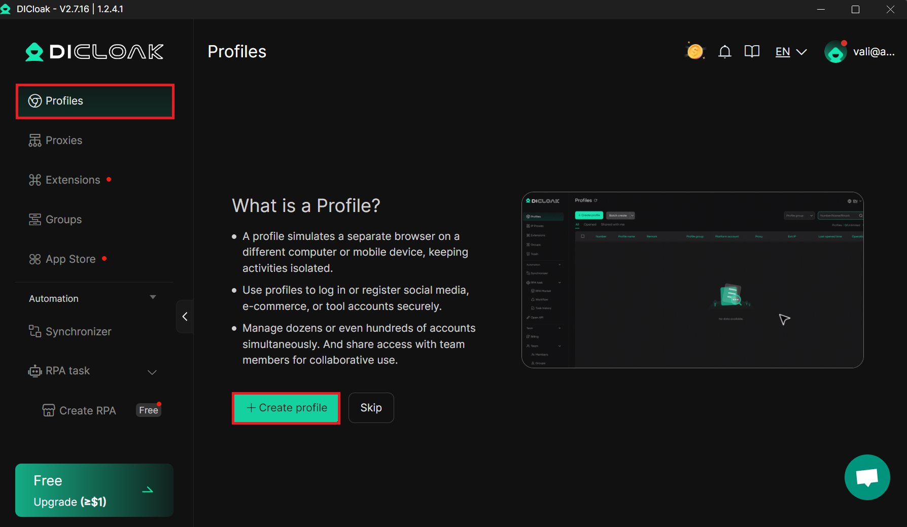 Profiles section in DICloak with the option to create a new profile