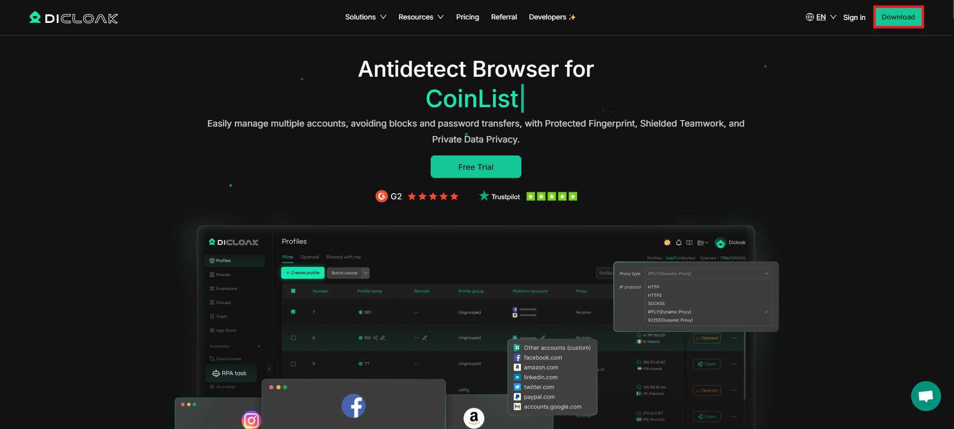 DICloak website highlighting the download button
