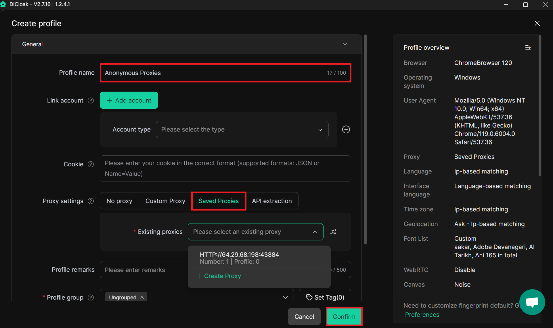 DICloak profile settings screen with a saved residential proxy selected