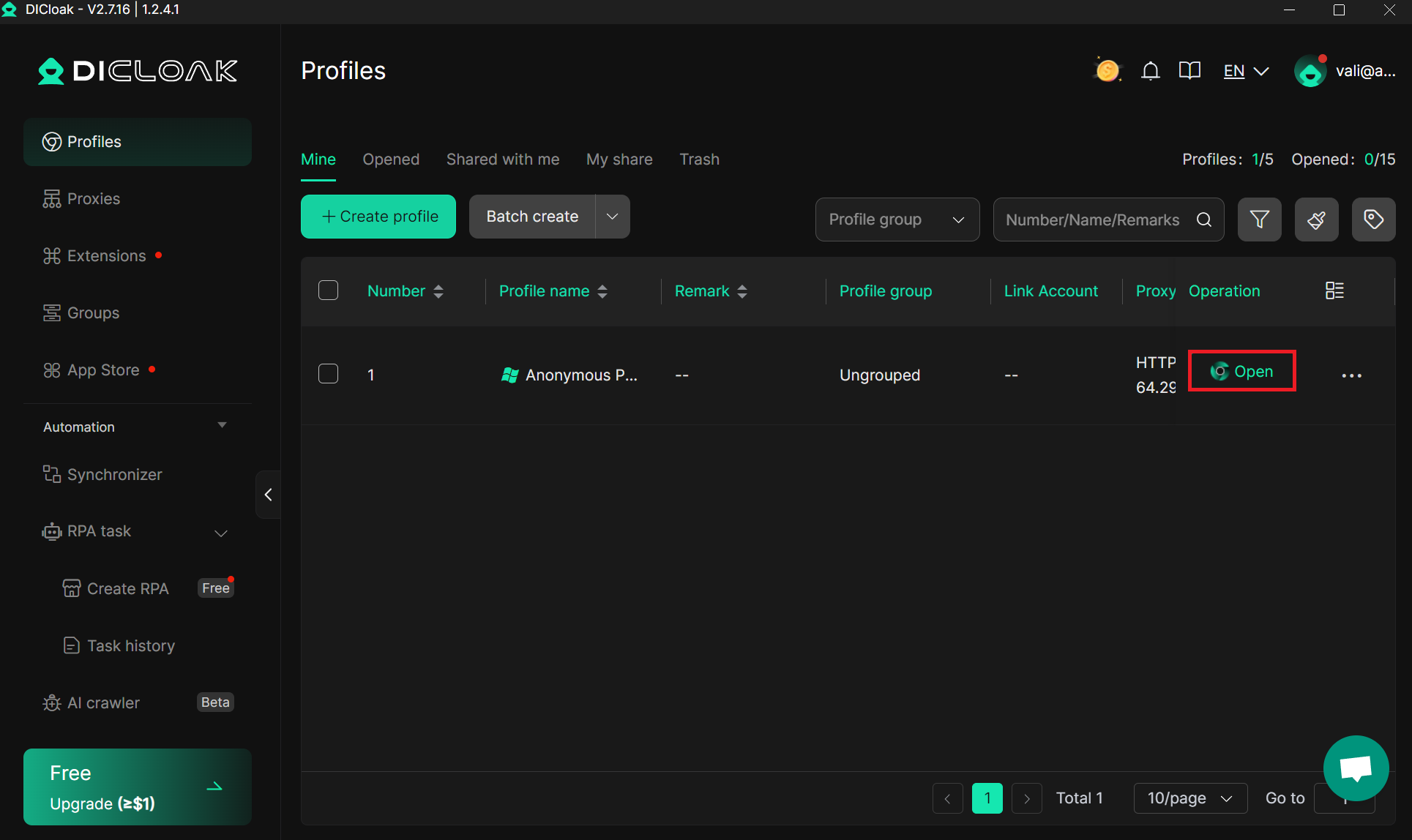 DICloak profiles list with the new profile ready to be opened