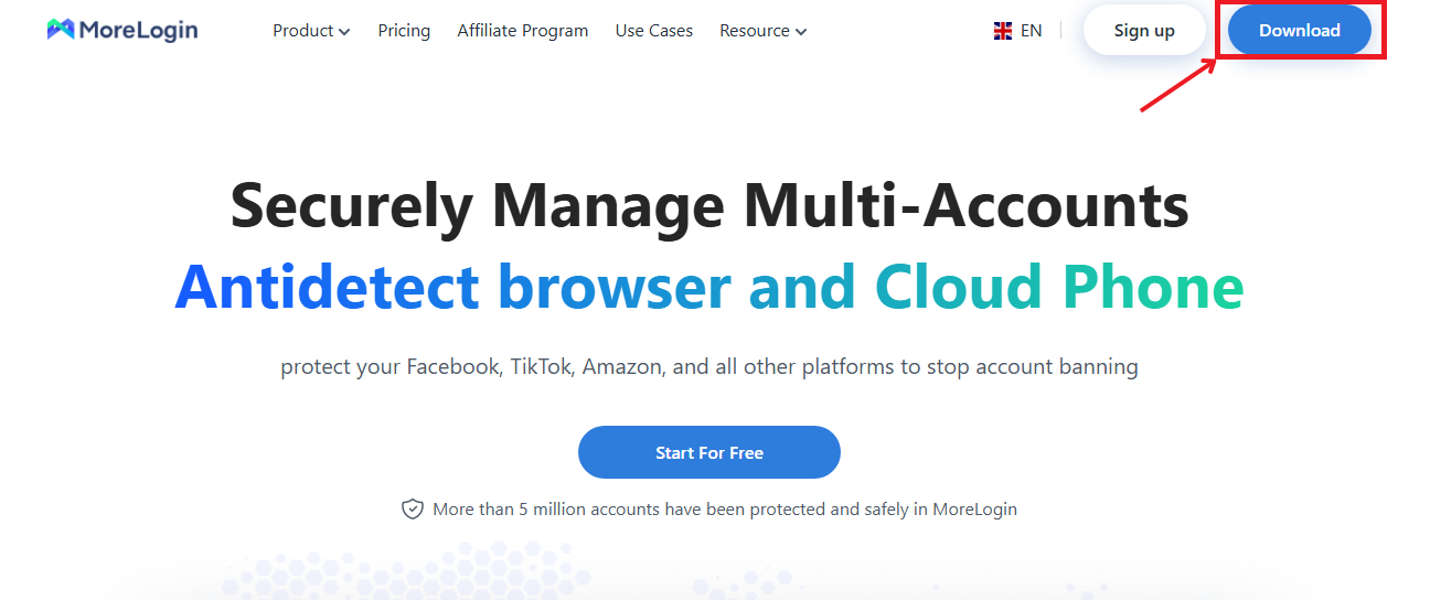 MoreLogin website with Download button highlighted.