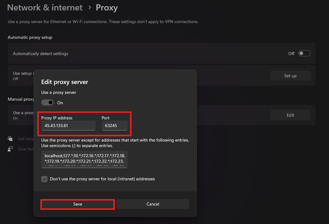 Paste proxy server address and port for WatchSoMuch proxy configuration.