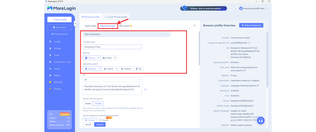 MoreLogin Advanced create view with Basic information fields for profile name, browser, and operating system.
