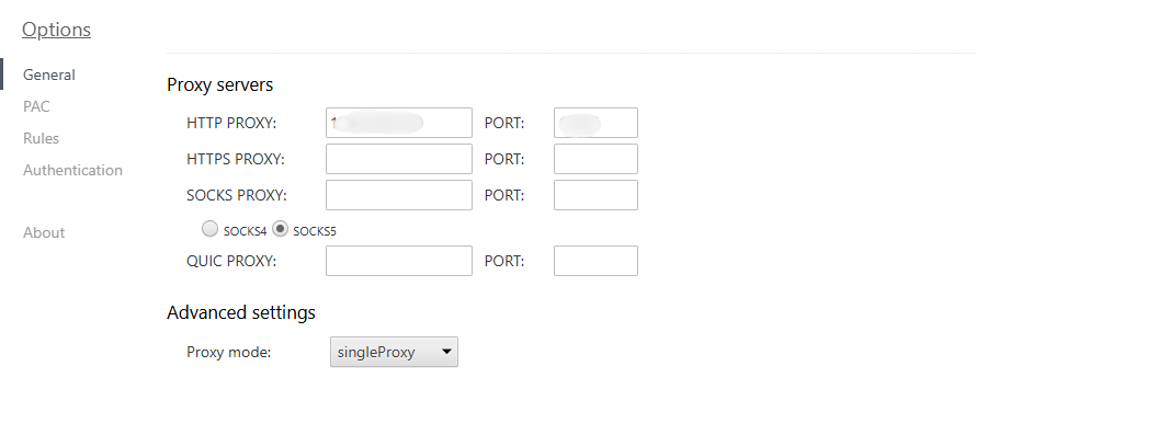 Proxy Helper settings with host and port fields in Chrome.
