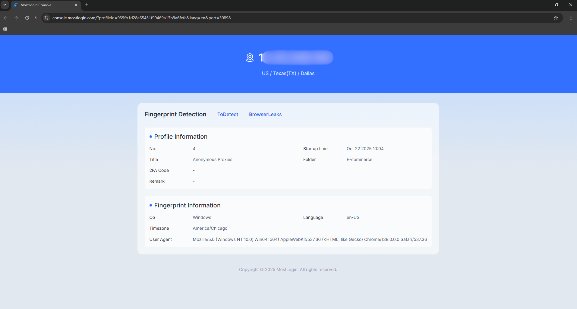MostLogin browser showing proxy details.