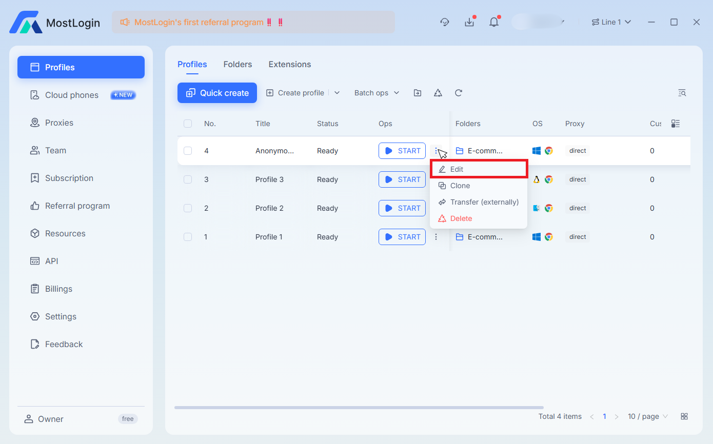 MostLogin profile options menu with Edit.
