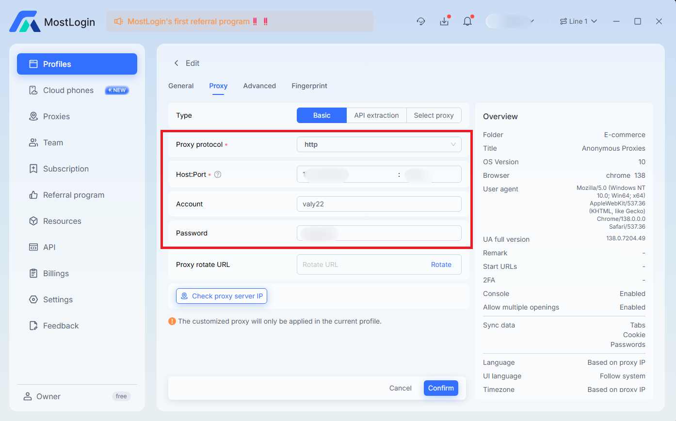 MostLogin Proxy tab filled with residential proxy credentials.