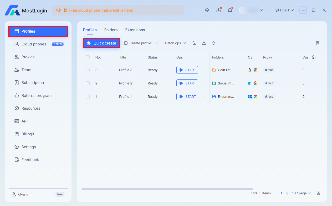 MostLogin Profiles dashboard with Quick Create highlighted to add a new profile.