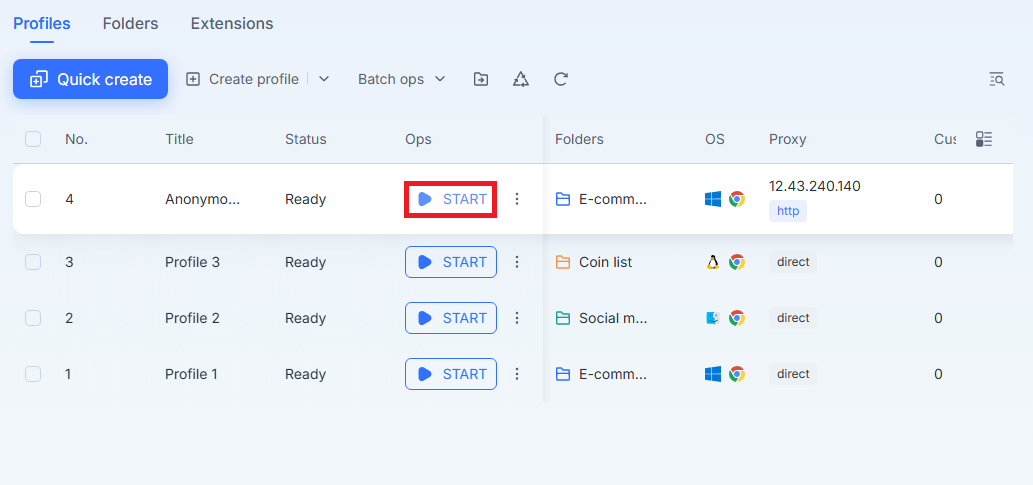 MostLogin profile list with the START button ready to launch the configured profile.