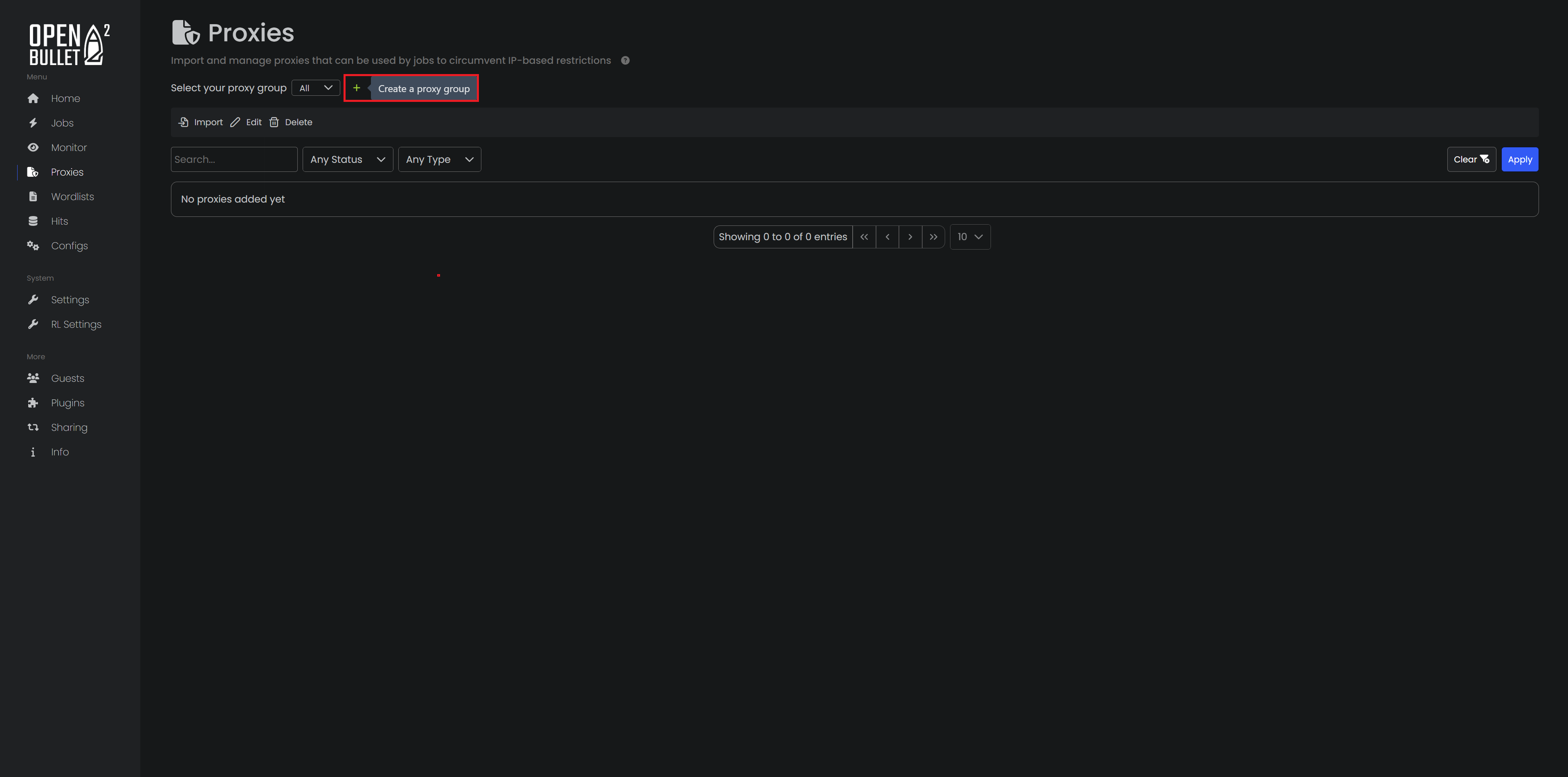 Proxies page showing the “Create a proxy group” button.