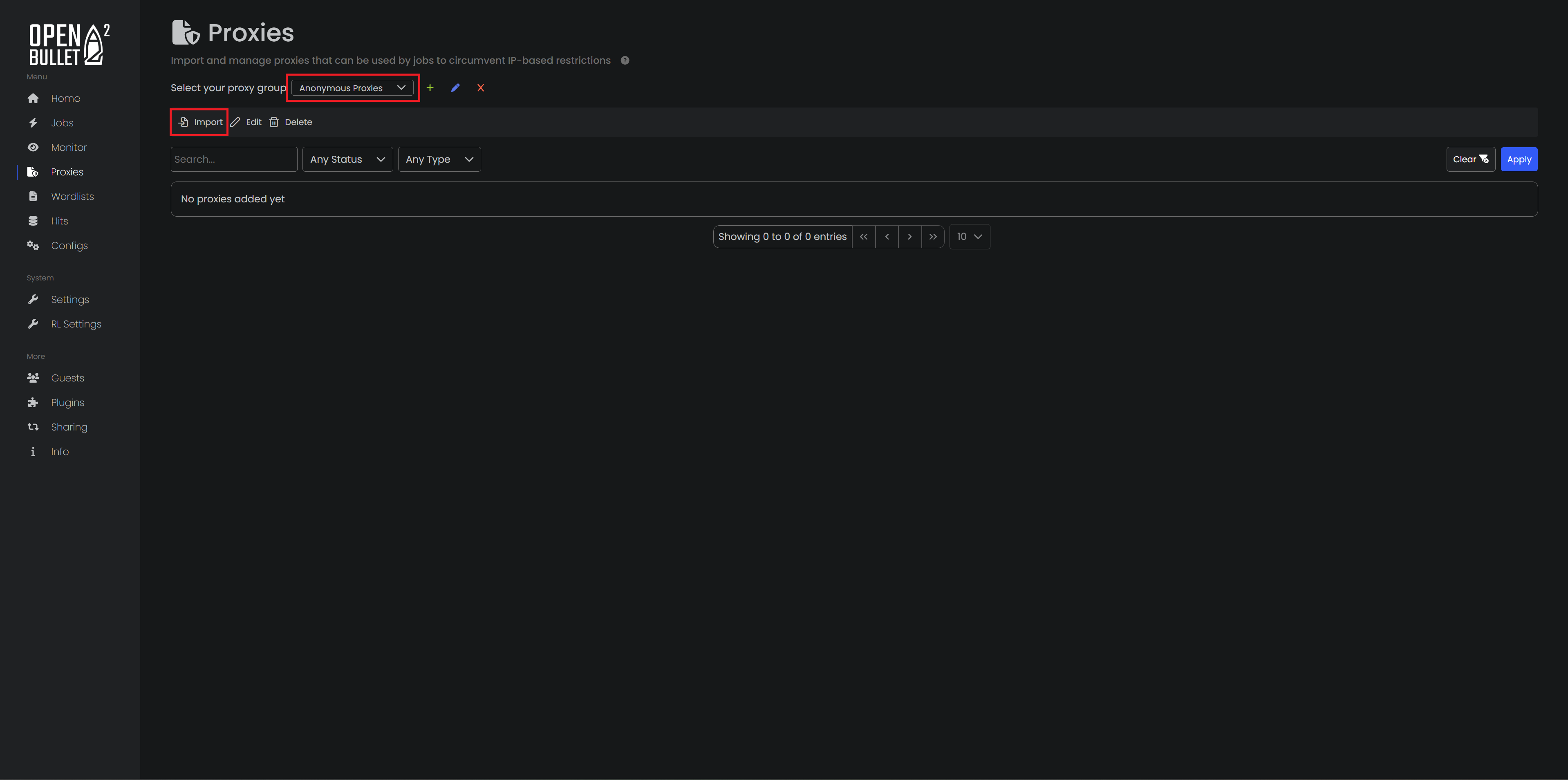 Anonymous Proxies group selected with the Import button highlighted.