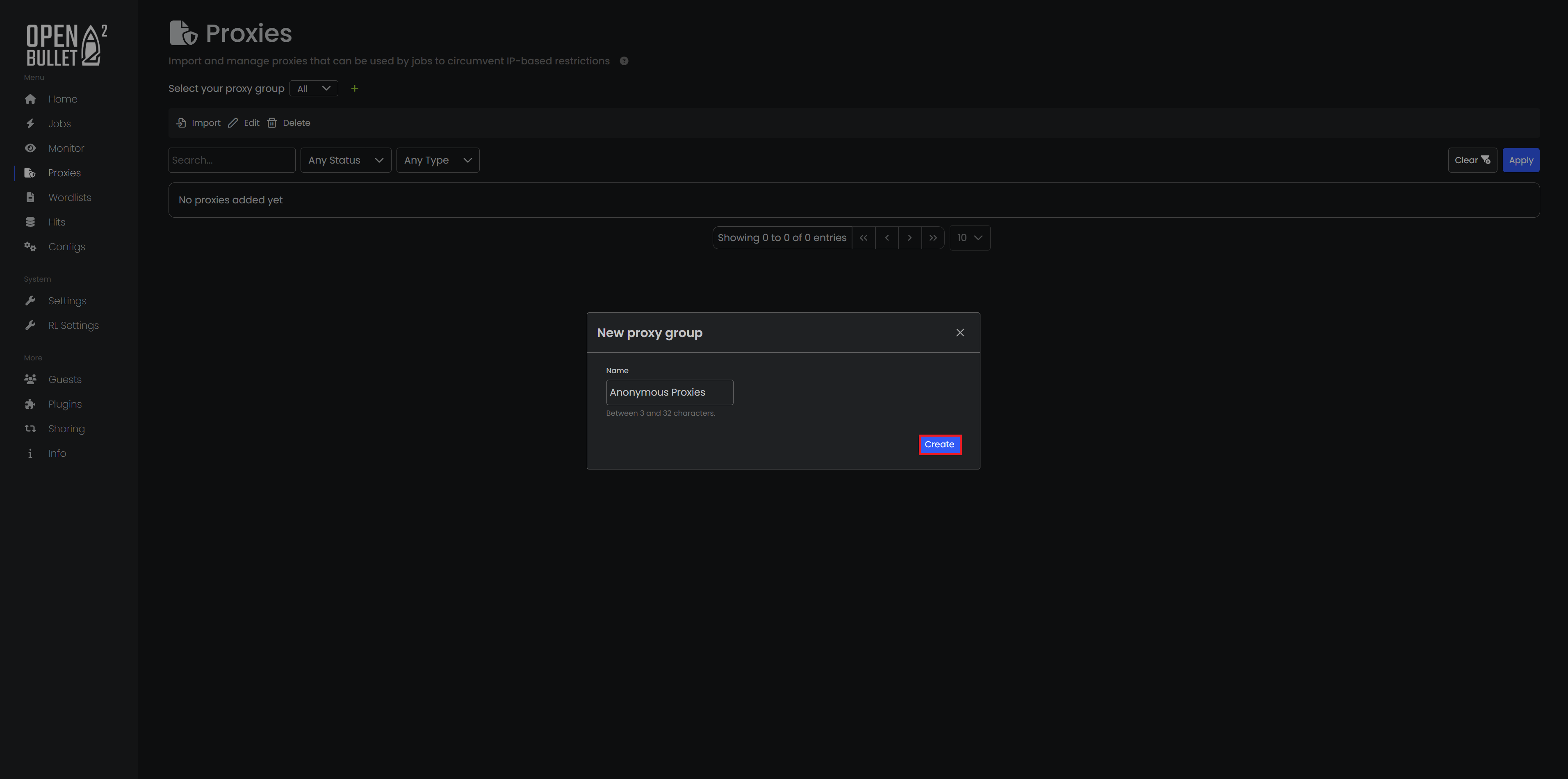 Dialog creating a new proxy group named Anonymous Proxies.
