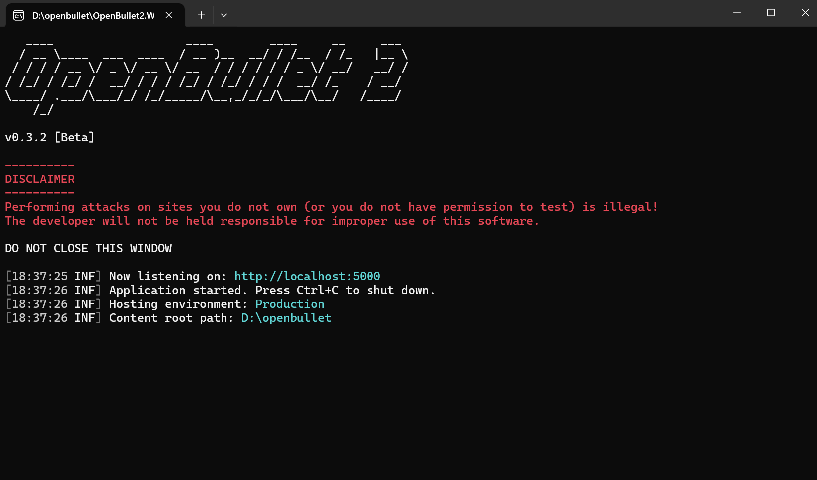 Terminal showing that OpenBullet 2 is running on localhost.