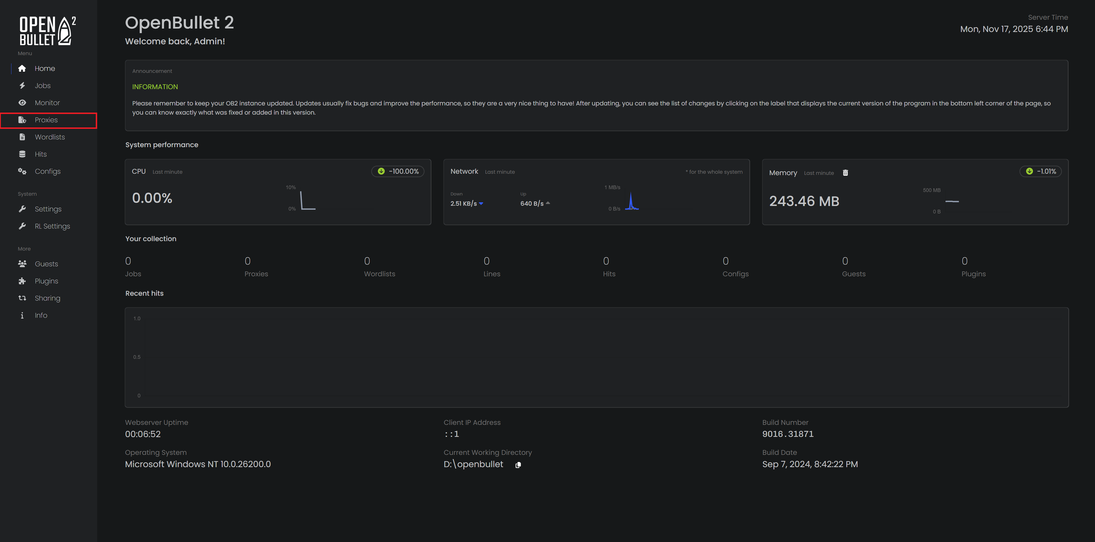 OpenBullet 2 dashboard highlighting the Proxies tab to click on it.