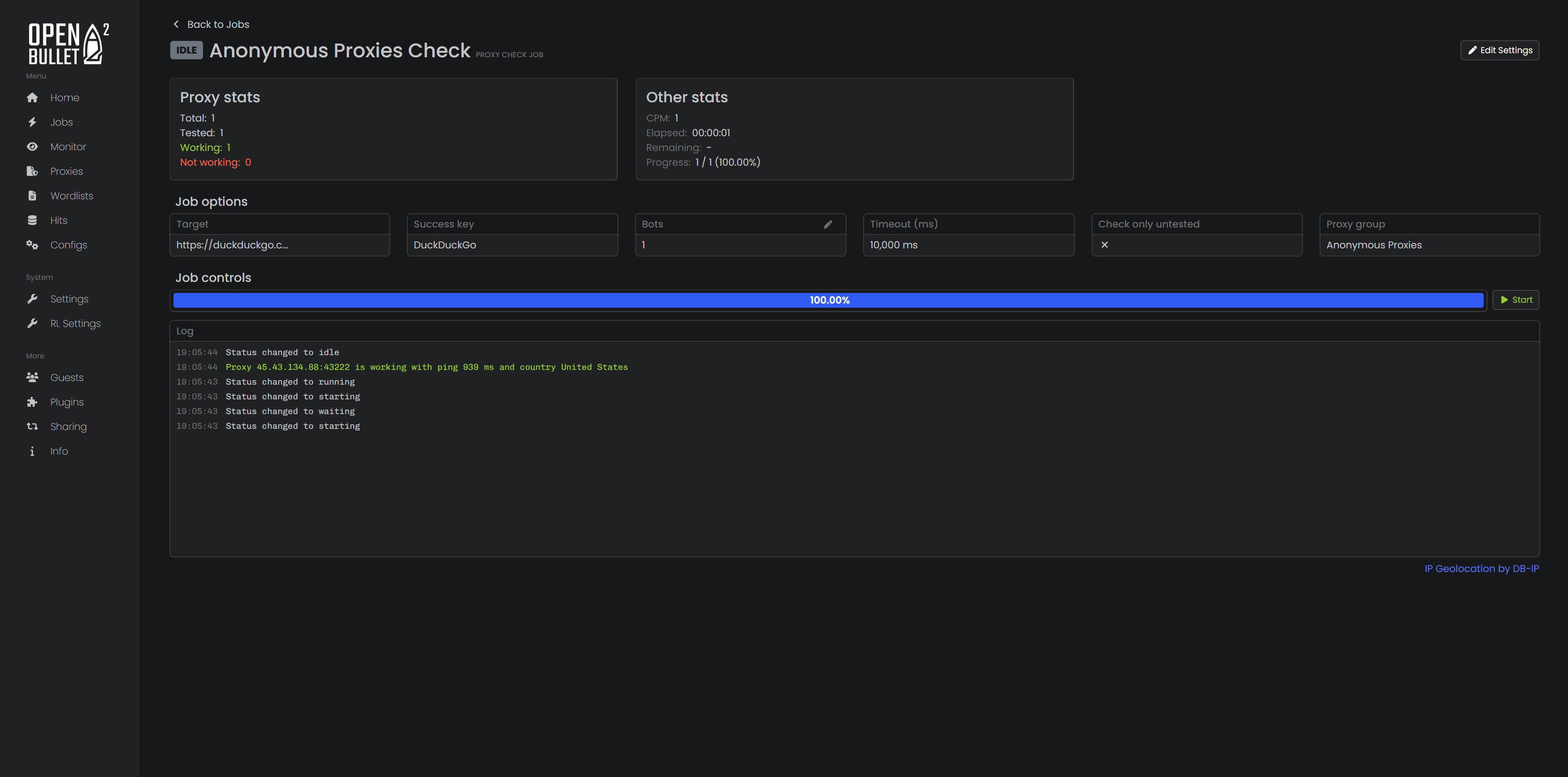 Proxy Check Job results showing one working proxy in the log.