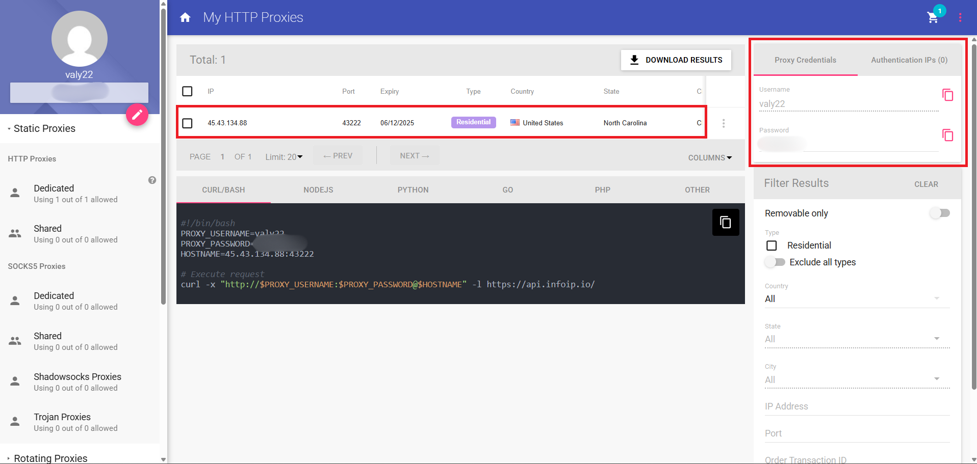 My HTTP Proxies page showing purchased proxies.