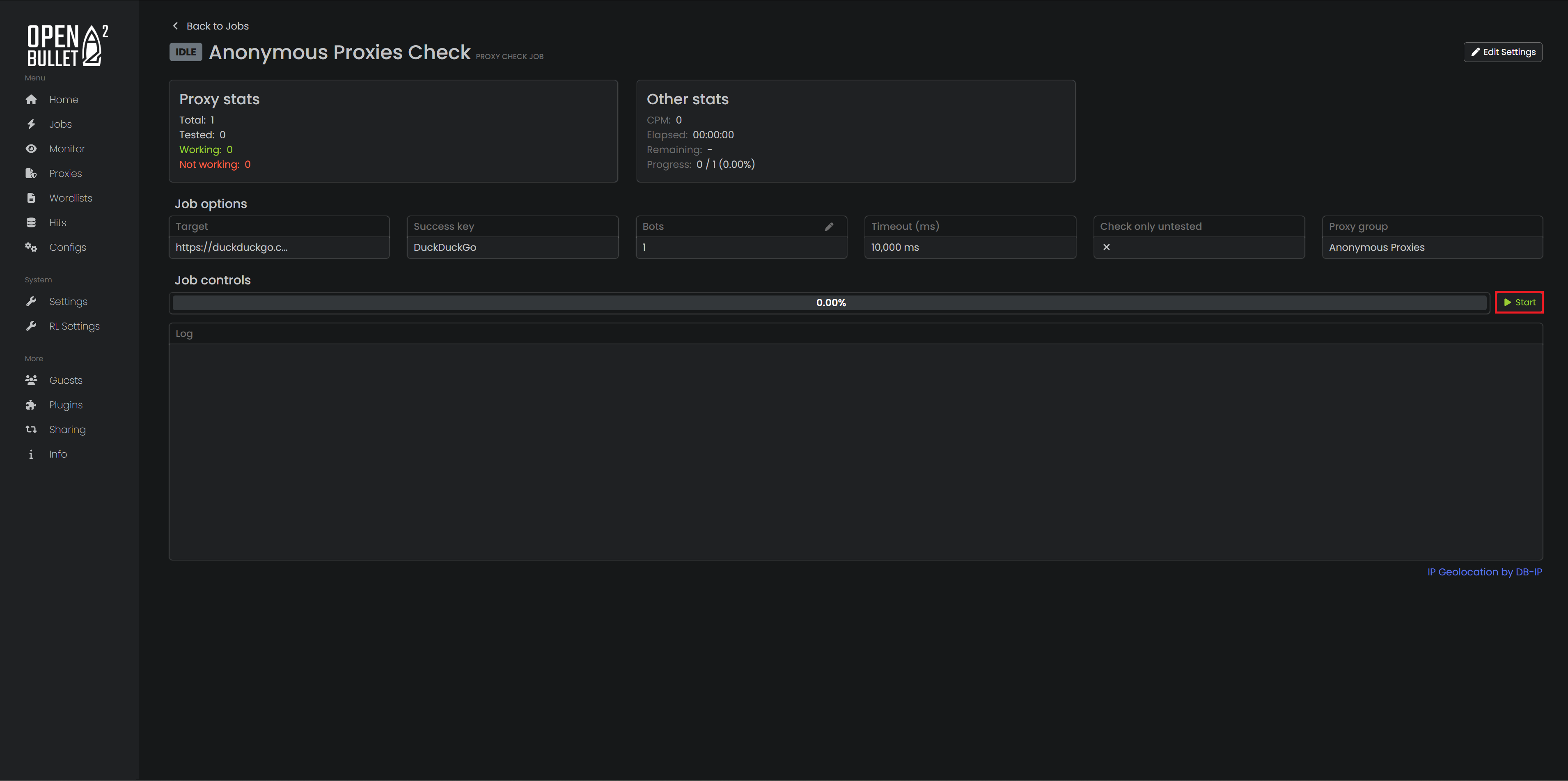 Proxy Check Job view with the Start button highlighted.