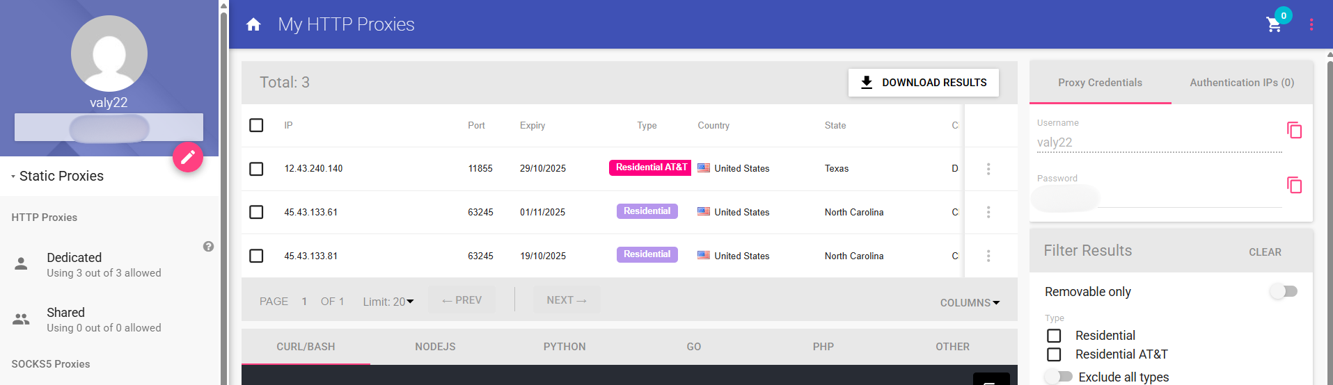 View your proxy's credentials.