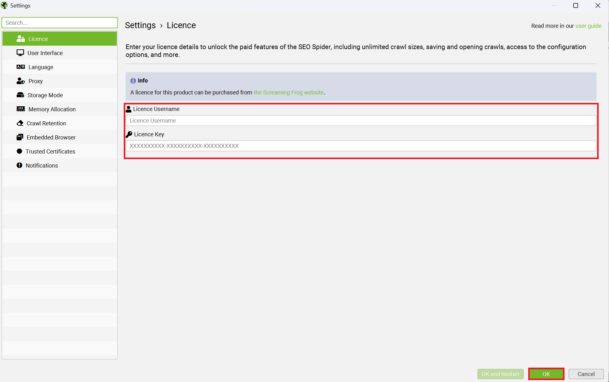 Screaming Frog enter licence credentials.