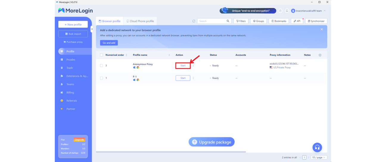 MoreLogin profile list showing Anonymous Proxy profile ready with Start button highlighted.