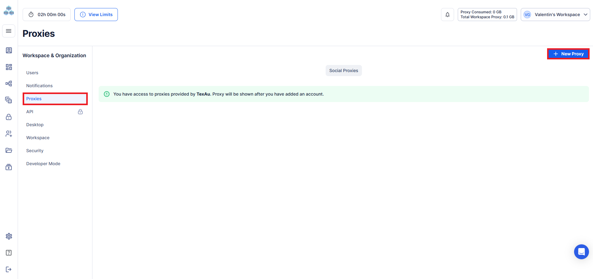 Proxies page in TexAu highlighting New Proxy Button