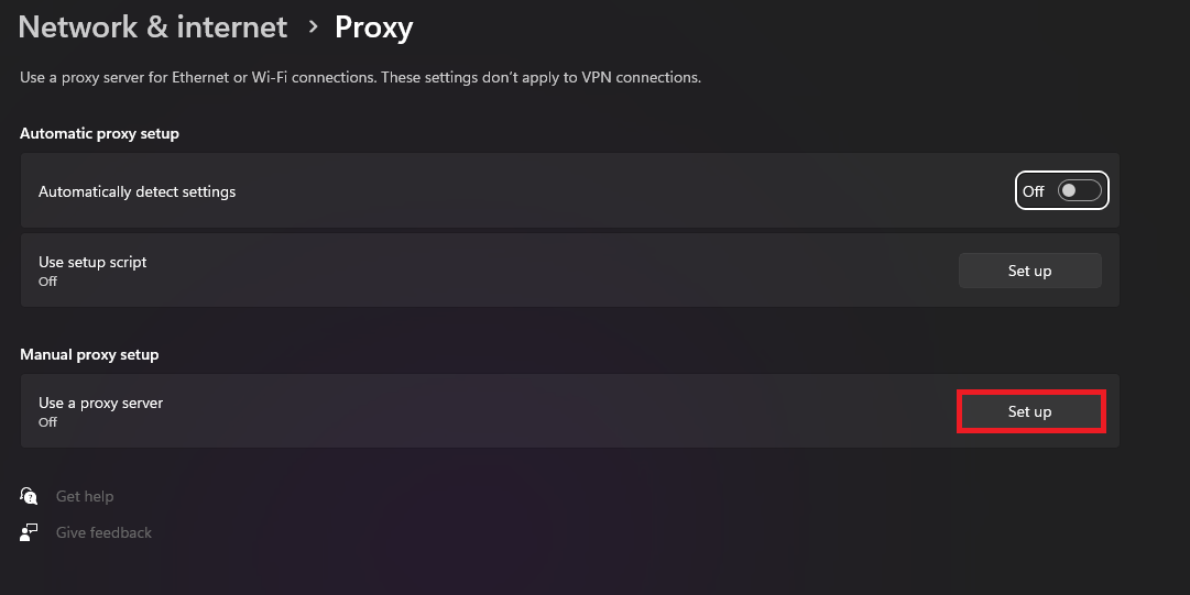 Open Windows Network and Internet proxy settings for manual setup.