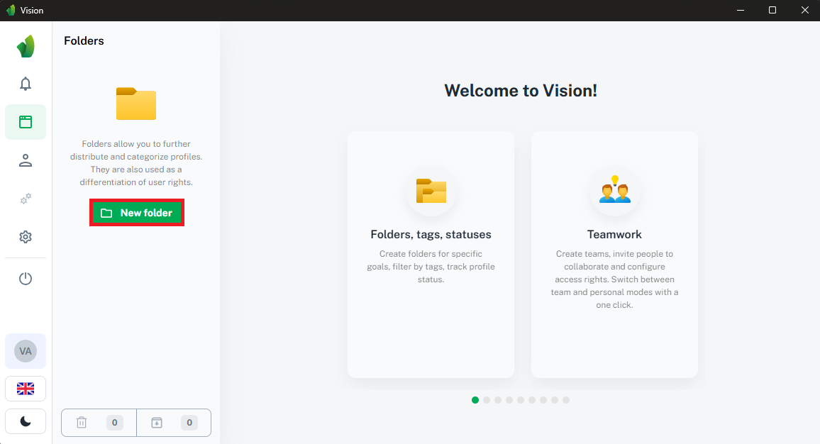Creating a new folder for Anonymous Proxies profiles in Vision dashboard
