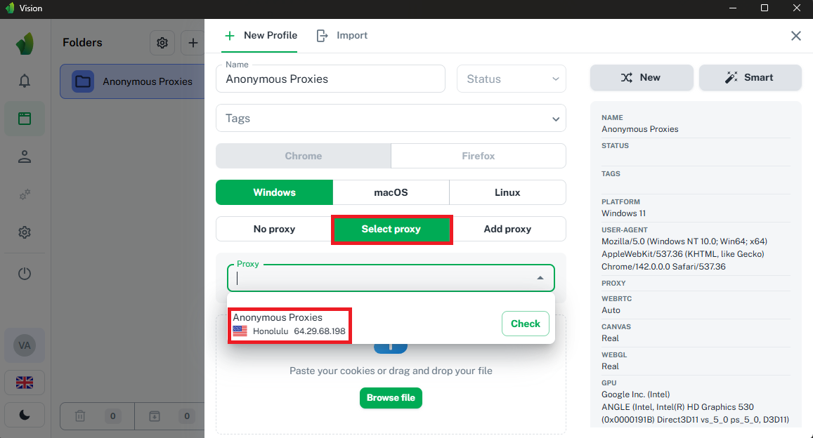 Selecting Anonymous Proxies server for a new Vision browser profile