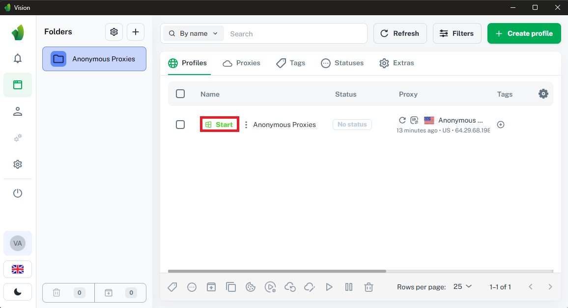 Starting a Vision browser profile routed through Anonymous Proxies residential IP