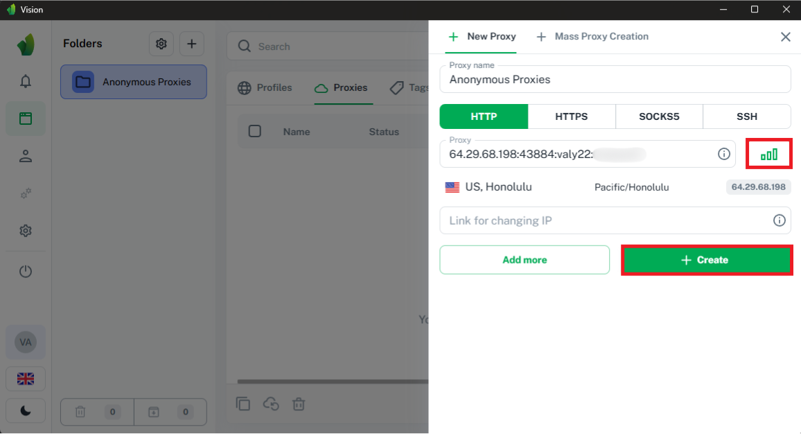 Testing and saving proxy connection