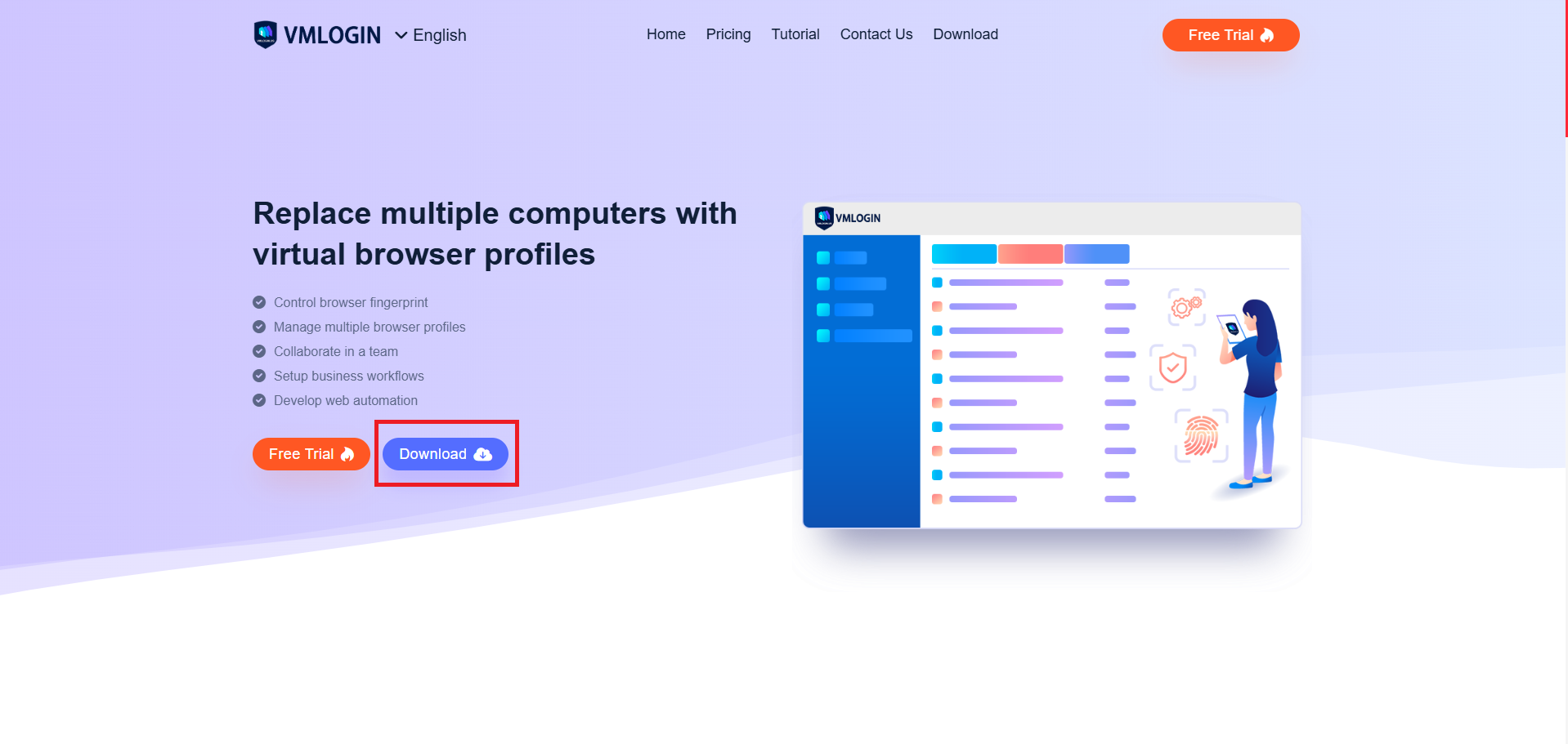 VMLogin homepage with the Download button highlighted.