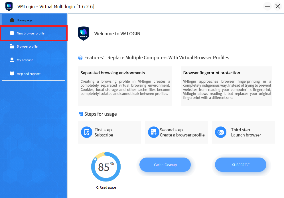 Dashboard with New browser profile highlighted.