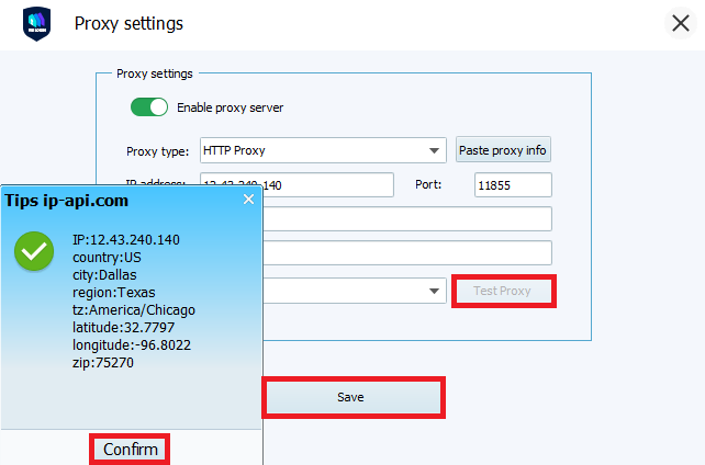 Successful proxy test popup with Confirm button.
